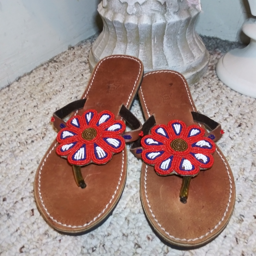 Boho Handmade Red, White, Blue & Gold Beaded Flower Thong Sandals